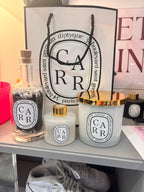 Black and white style diffuser, candle and match box set with 'Carr'.