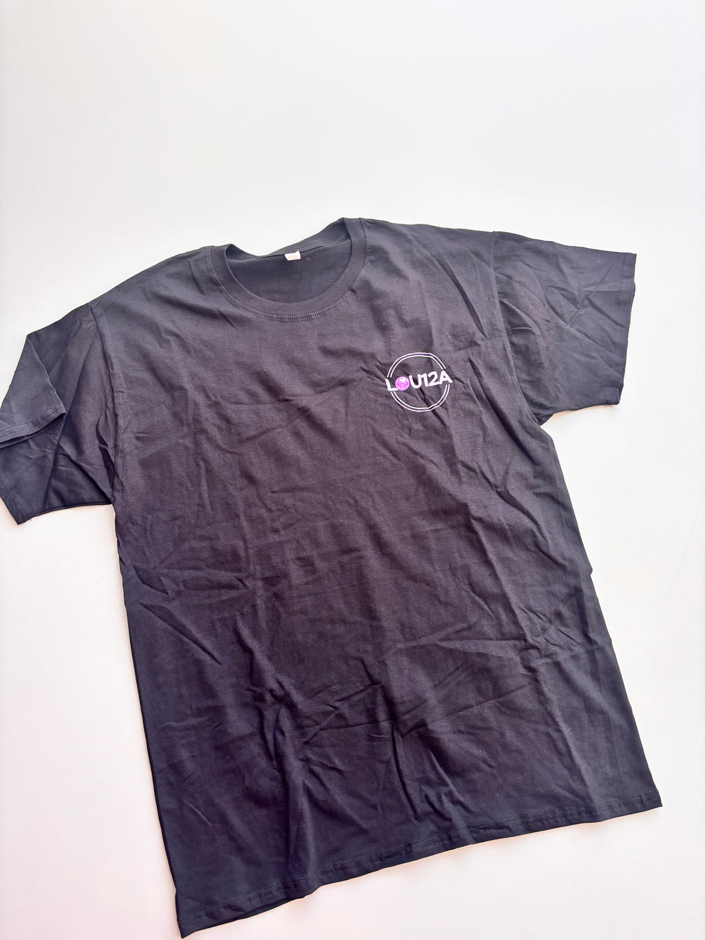 Black event t-shirt with a logo on a white background