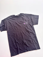 Black event t-shirt with a logo on a white background