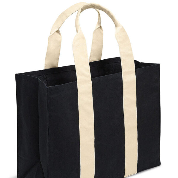 Black tote bag with beige handles on a white background