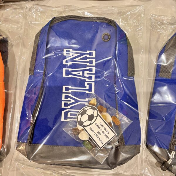 Blue boot bag with 'DYLAN' printed on it, containing a snack pack and a tag.