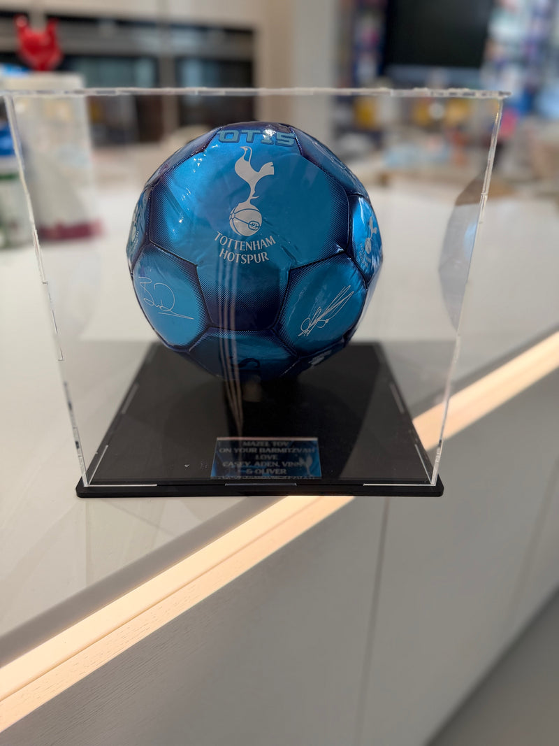 Blue personalised football gift with Tottenham Hotspur logo on a black base in a clear display case.