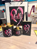 Branded black diffuser and match box sleeve set with personalised name "Molly" in a pink design. 
