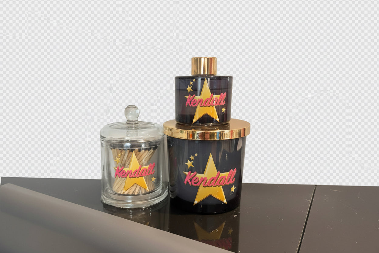 Candle, diffuser and match bottle gift set with 'Kendall' branding on a reflective surface.