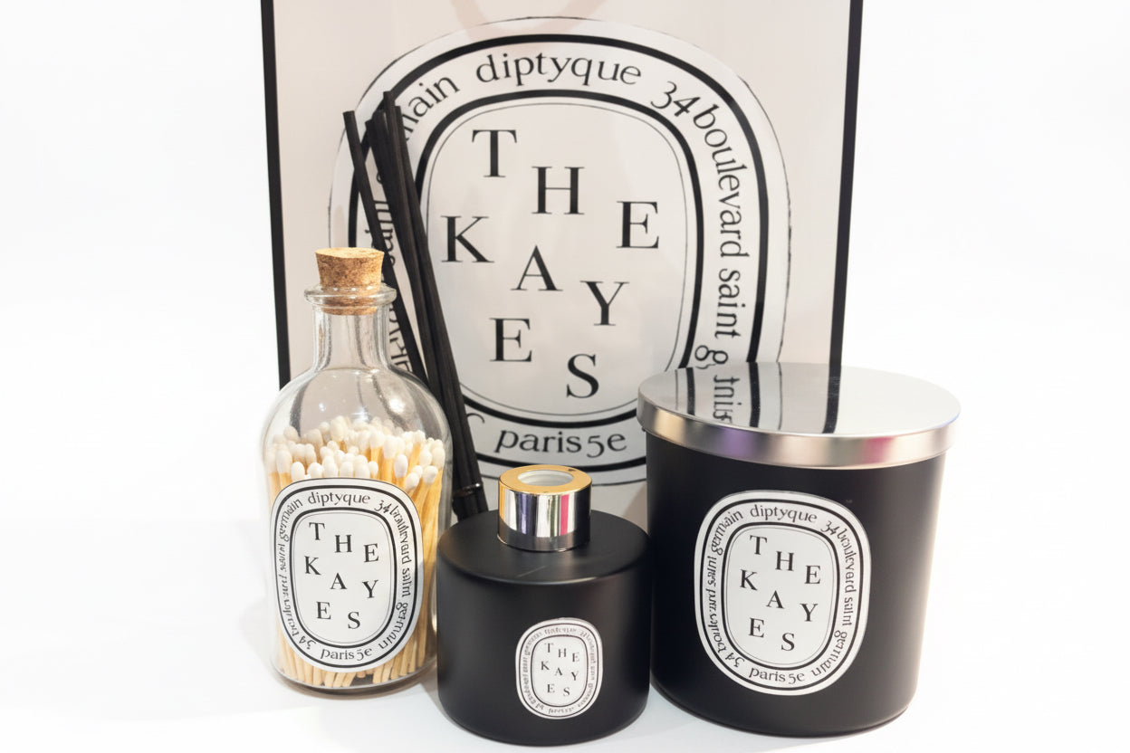 Diptyque-style diffuser, candle and matchbox gift set.