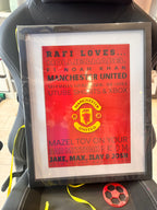 Framed Manchester United football gift with personalised text and a logo