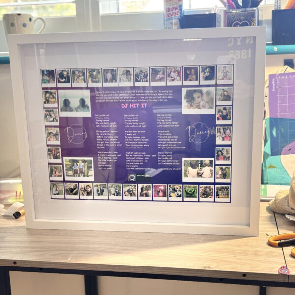Framed speech gift of photos and text on a desk with no acrylic.