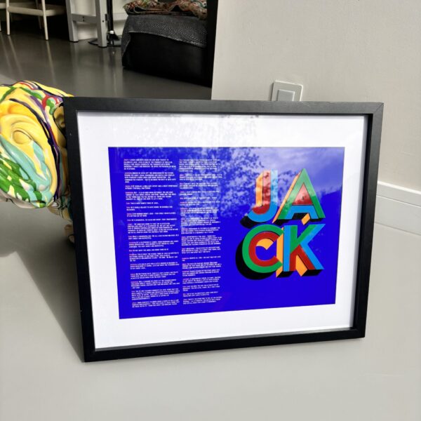 Framed speech gift with colourful text and design on a blue background with acrylic