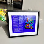 Framed speech gift with colourful text and design on a blue background with acrylic