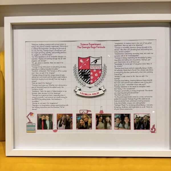 Framed speech gift with text and images, featuring a logo and multiple photos with no acrylic