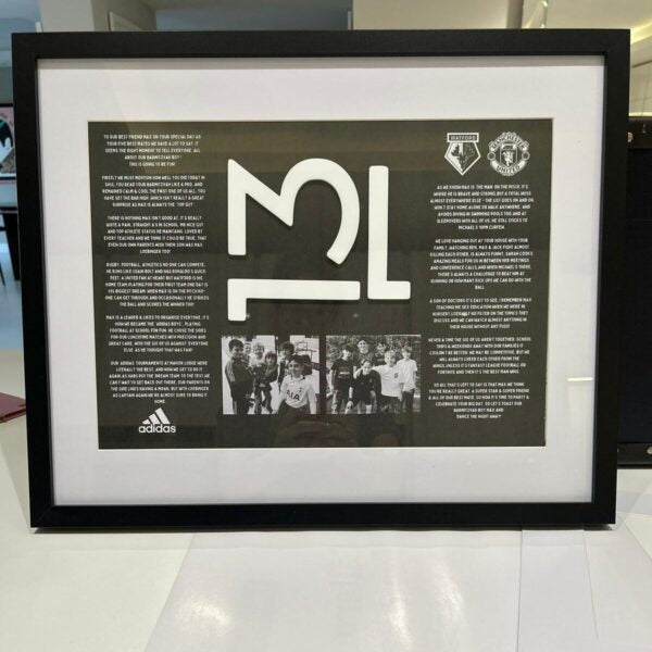 Framed speech gift with text and images on a white surface with acrylic