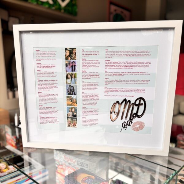 Framed speech gift with text and photos on a glass surface and acrylic.