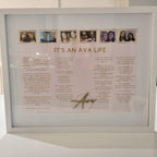 Framed speech gift with text and portraits titled 'It's an Ava Life' on a white surface with acrylic