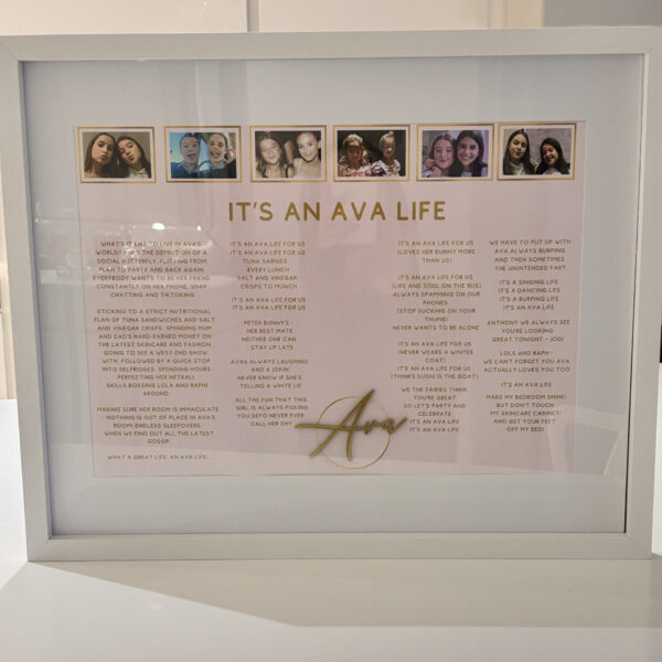 Framed speech gift with text and portraits titled 'It's an Ava Life' on a white surface with acrylic