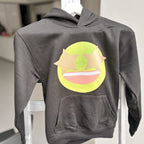 Grey hoodie with a colourful emoji design on a hanger