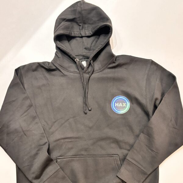 Black hoodie with a logo on the chest against a white background