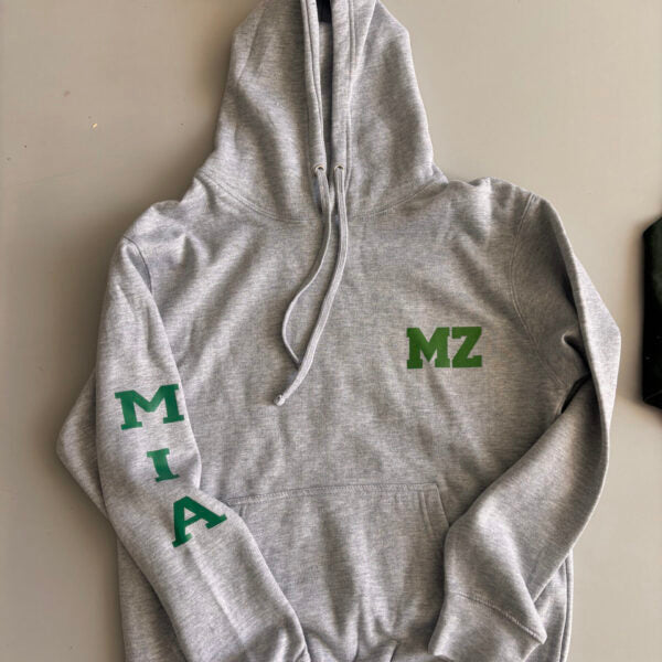Grey hoodie with green text 'MIA' on sleeve and 'MZ' on chest against a neutral background