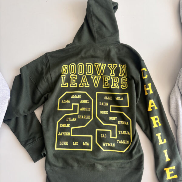 Dark grey hoodie with yellow text on a white background