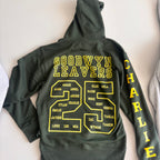 Dark grey hoodie with yellow text on a white background