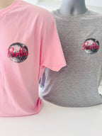 Pink and grey event t-shirts with 'Bella' logo on a white background