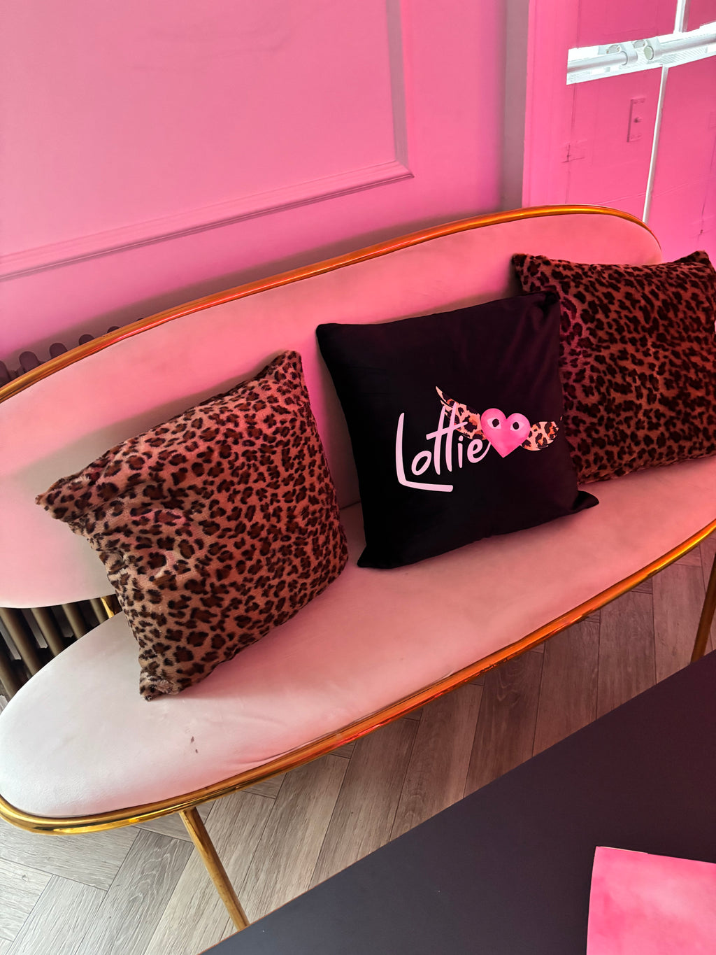 Pink chair with leopard print logo pillows and a black pillow with pink text.