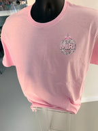 Pink short sleeved event t-shirt with a graphic design on a mannequin against a neutral background