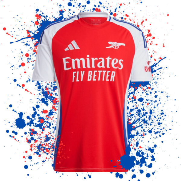 Red and white Arsenal football shirt with Emirates logo on a colourful splatter background