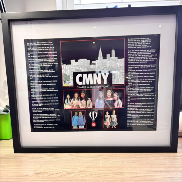 Framed speech gift with 'CMNY' and images of people on a cityscape background