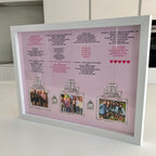 Framed speech gift artwork with perfume bottle illustrations and photos on a pink background with no acrylic