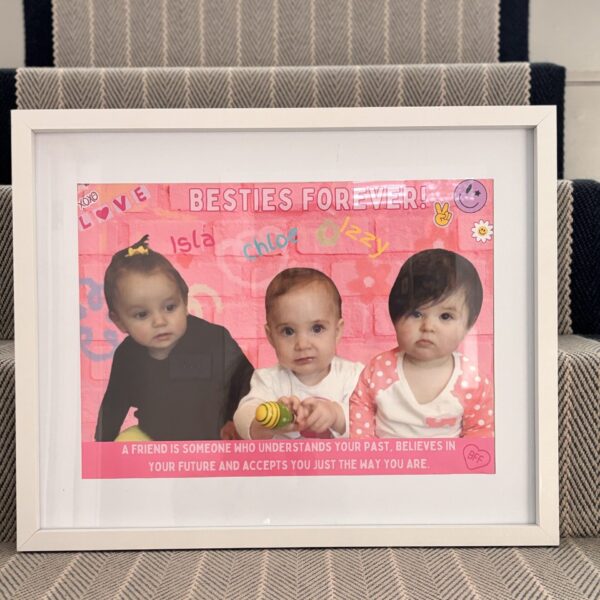 Framed speech gift with photos of three children with 'Besties Forever' text on a pink background with no acrylic.
