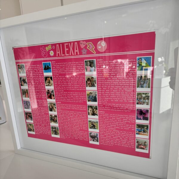 Framed pink speech gift with text and images titled 'ALEXA' on a white surface with no acrylic