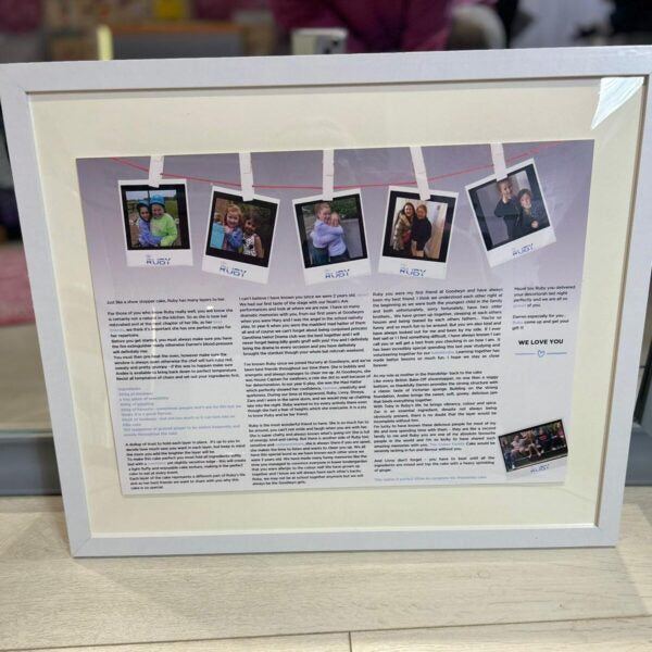 Framed speech gift display with family photos and text on a white background with no acrylic.