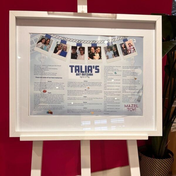 Framed speech gift for Talia's Bat Mitzvah with photos and text on a stand against a red background and no acrylic.