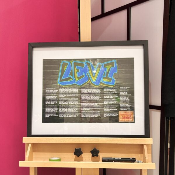 Framed speech gift artwork with 'LEVI' in colourful letters on a wooden shelf against a pink wall with no acrylic