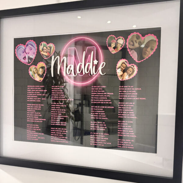Framed speech gift with 'Maddie' and heart-shaped photo collages on a black background with acrylic