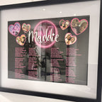 Framed speech gift with 'Maddie' and heart-shaped photo collages on a black background with acrylic