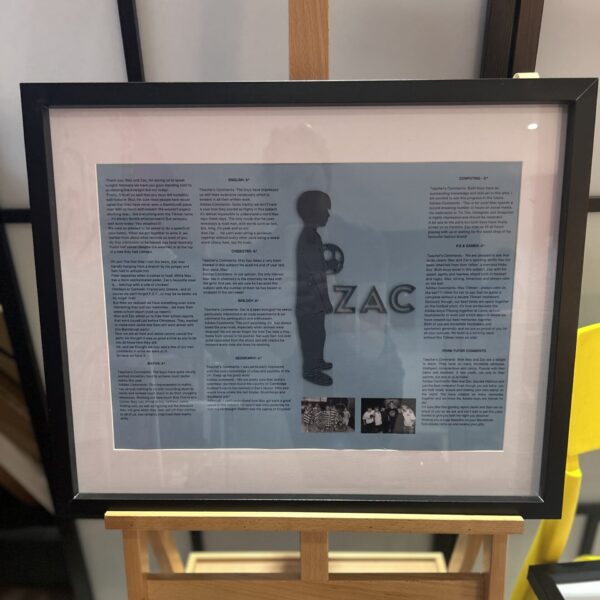 Framed speech gift with silhouette and text on a wooden easel with acrylic