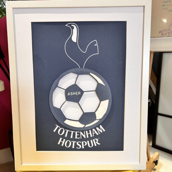Framed speech gift artwork of a soccer ball with 'Tottenham Hotspur' text on a dark blue background with acrylic