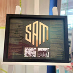 Framed speech gift with 'SAM' in gold letters on a black background, featuring text and images with acrylic.