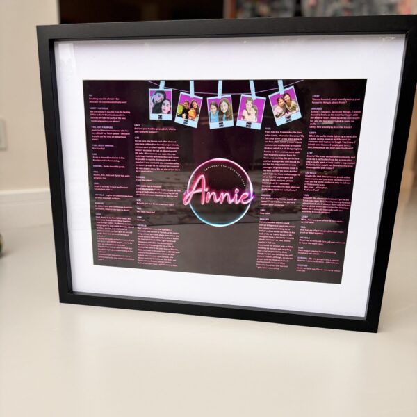 Framed speech gift with 'Annie' design and text on a white surface with acrylic