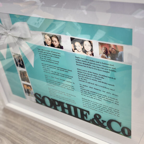 Framed speech gift with text and photos of a woman, featuring the brand 'Sophie & Co' with acrylic