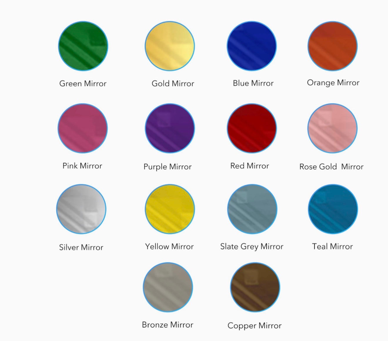 Color swatches labeled 'Green Mirror', 'Gold Mirror', 'Blue Mirror', etc., on a white background for The Original Mirror personalisation colour options