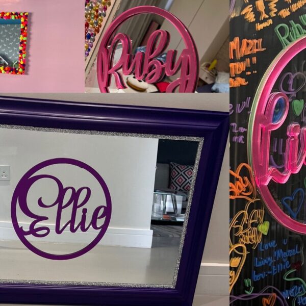 The original Classic Mirror with a purple frame and purple acrylic name by Mirrored Memories