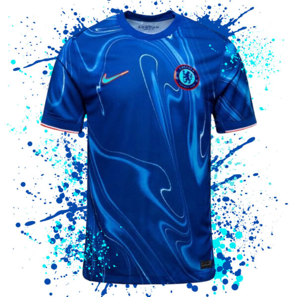 Blue Chelsea football shirt with Nike and Chelsea FC logos on a blue splatter background