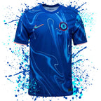 Blue Chelsea football shirt with Nike and Chelsea FC logos on a blue splatter background
