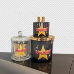 Candle, diffuser and match bottle gift set with 'Kendall' branding on a reflective surface.