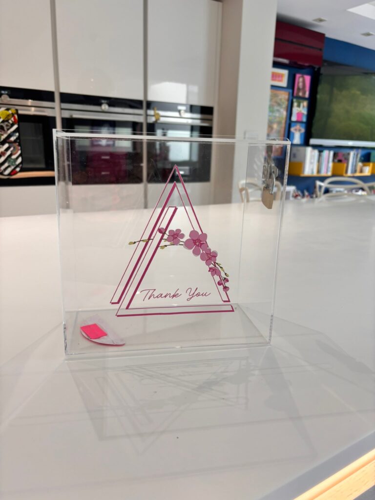 Clear gift card box with a decorative design, featuring a floral design and 'Thank You' text.