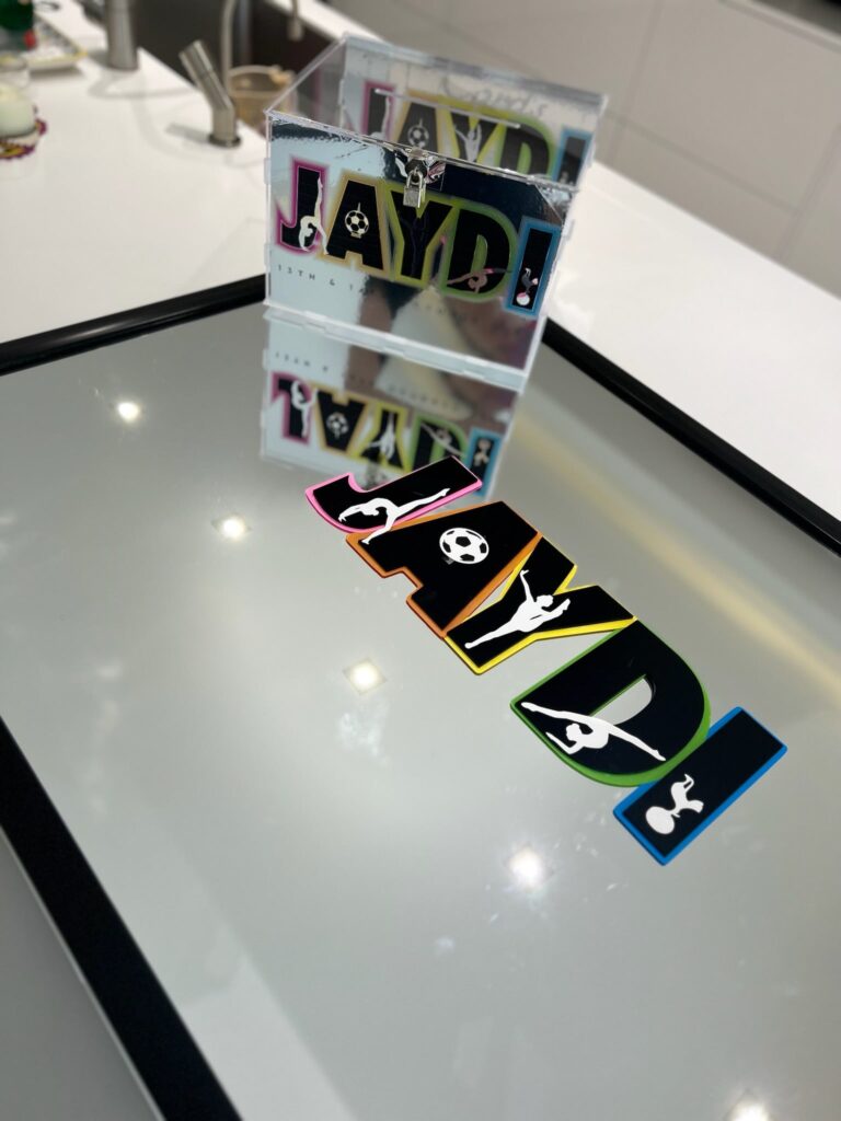 Collection of colourful 'JAYDI' branded stickers on a gift box