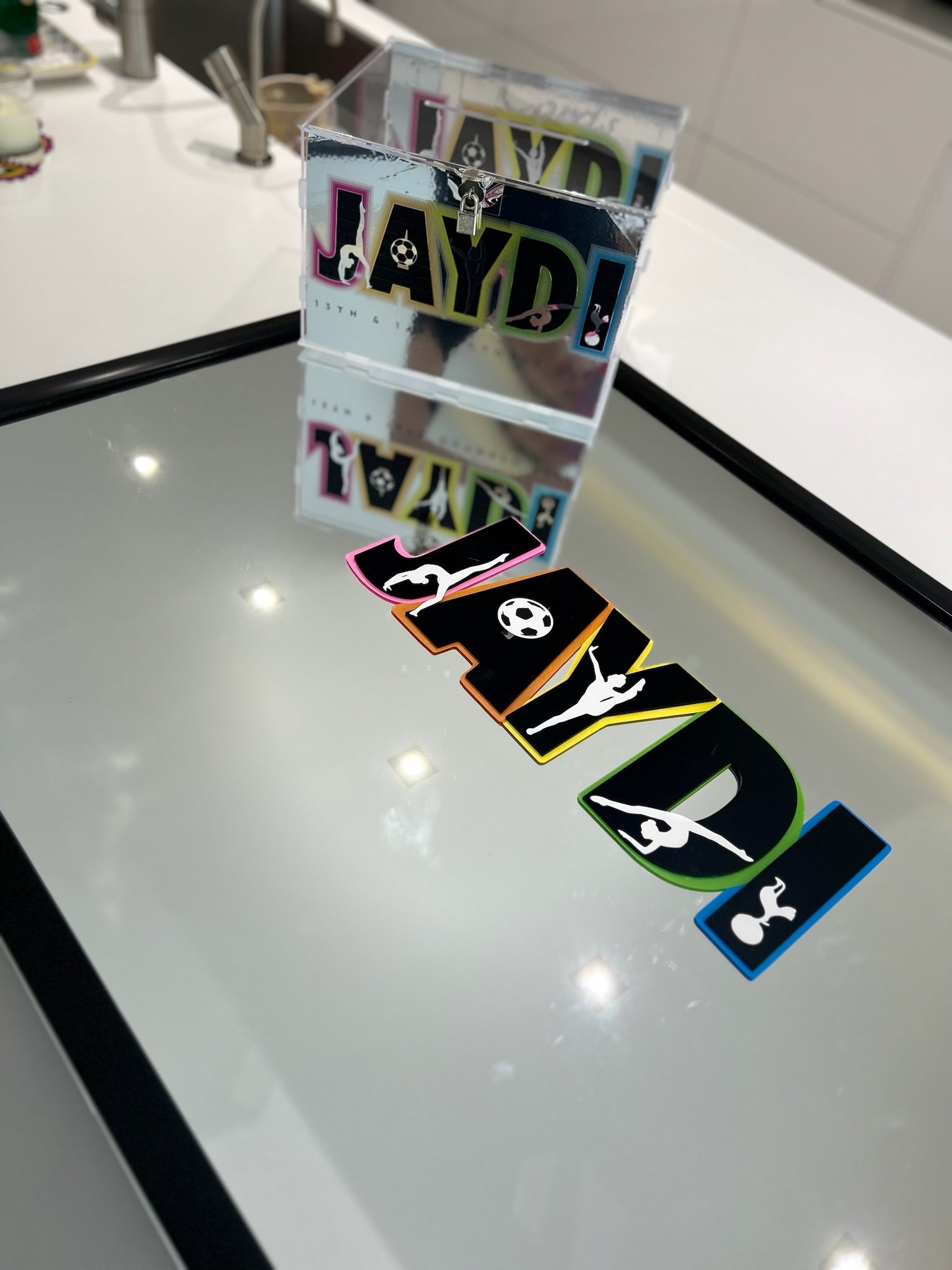 Collection of colourful 'JAYDI' branded stickers on a gift box