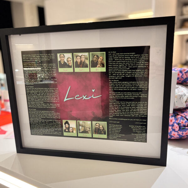 Framed speech gift of a collage with text and images.